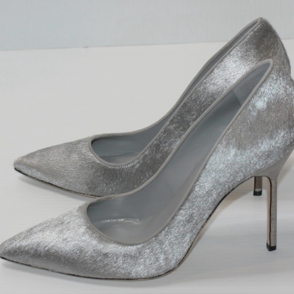 Manolo Blahnik BB 105mm Silver Grey Pony Hair Pump Heel size 39.5